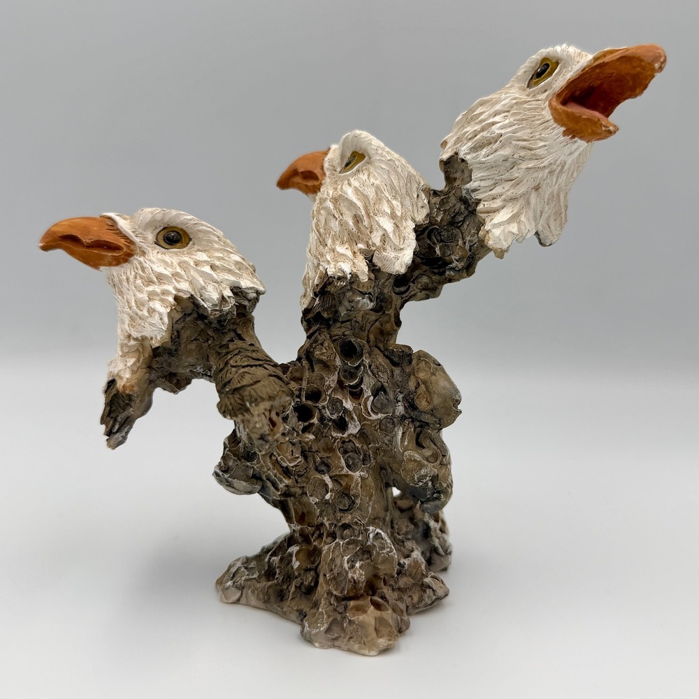 Vintage Bald Eagle Triple Head Resin Figurine Rustic Wildlife Decor 6 Inch